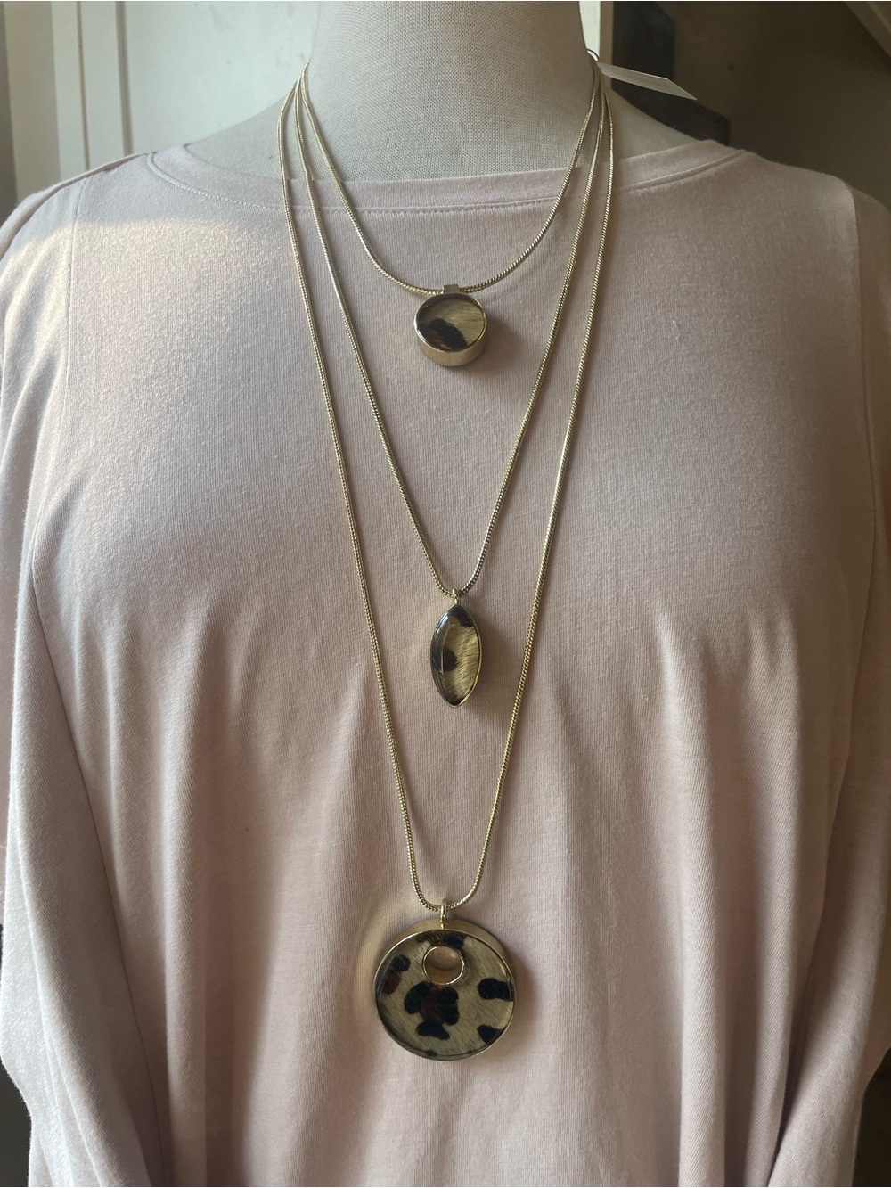 Chico’s NWT Gold Layered Necklace with Leopard Print Pendants - Convertible